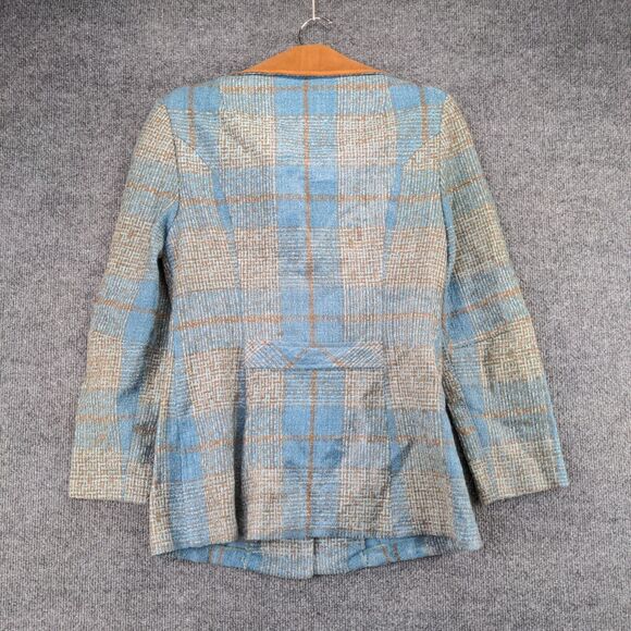Four Corners Button Blazer Wool Coat Actual 32x26.5 Blue Gray Plaid Front Pocket - Picture 6 of 11